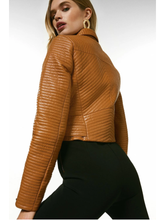Load image into Gallery viewer, Women’s Tan Brown Leather Biker Jacket