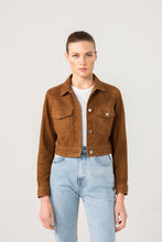 Load image into Gallery viewer, Women’s Tan Brown Suede Leather Short Trucker Jacket