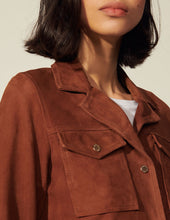 Load image into Gallery viewer, Women’s Camel Brown Suede Leather Trucker Jacket
