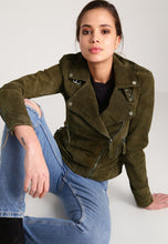 Load image into Gallery viewer, Women’s Green Suede Leather Biker Jacket