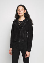 Load image into Gallery viewer, Women's Black Suede Leather Biker Jacket