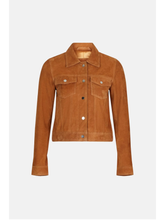 Load image into Gallery viewer, Women’s Tan Brown Suede Leather Trucker Jacket