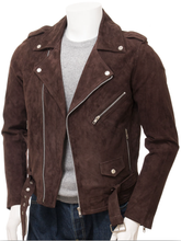 Load image into Gallery viewer, Men’s Dark Chocolate Brown Suede Leather Biker Jacket