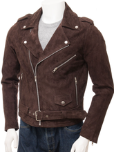 Load image into Gallery viewer, Men’s Dark Chocolate Brown Suede Leather Biker Jacket