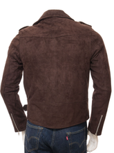 Load image into Gallery viewer, Men’s Dark Chocolate Brown Suede Leather Biker Jacket On Sale | Best Men Suede Leather Jacket