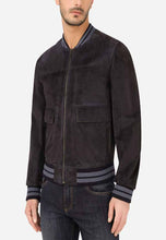 Load image into Gallery viewer, Men&#39;s Black Suede Leather Bomber Jacket with a soft suede outer shell, crew neck design, and secure zip closure, perfect for warmth and modern style.
