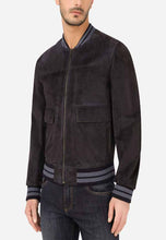 Load image into Gallery viewer, Men's Black Suede Leather Bomber Jacket with a soft suede outer shell, crew neck design, and secure zip closure, perfect for warmth and modern style.