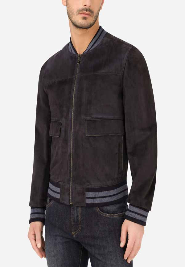 Men's Black Suede Leather Bomber Jacket with a soft suede outer shell, crew neck design, and secure zip closure, perfect for warmth and modern style.