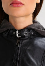 Load image into Gallery viewer, Women’s Black Leather Jacket Removable Hood