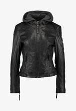 Load image into Gallery viewer, Women’s Black Leather Jacket Removable Hood