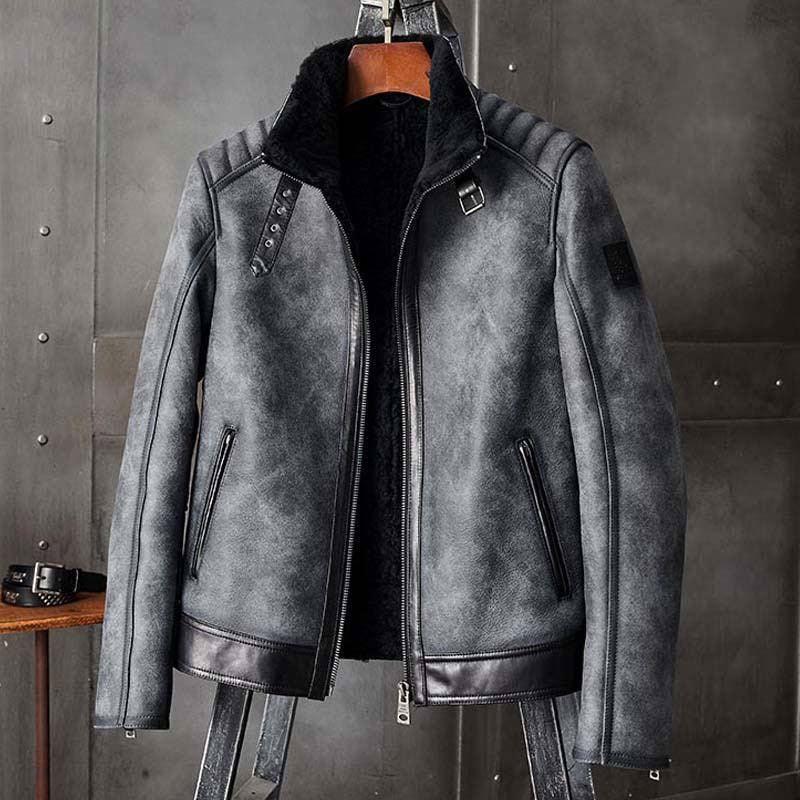 Grey B3 Shearling Leather Bomber Coat Sheepskin Jacket