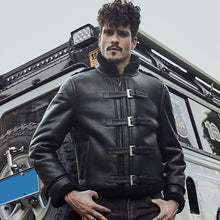 Load image into Gallery viewer, Black RAF Sheepskin Shearling Motorcycle Jacket