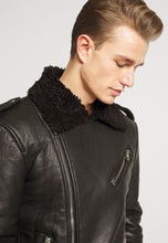 Load image into Gallery viewer, Men's Black Leather Black Shearling Biker Jacket