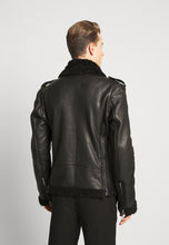 Load image into Gallery viewer, Men's Black Leather Black Shearling Biker Jacket