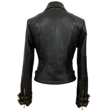 Load image into Gallery viewer, Designer Women's Lion Button Leather Biker Jacket