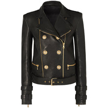 Load image into Gallery viewer, Designer Women's Lion Button Leather Biker Jacket