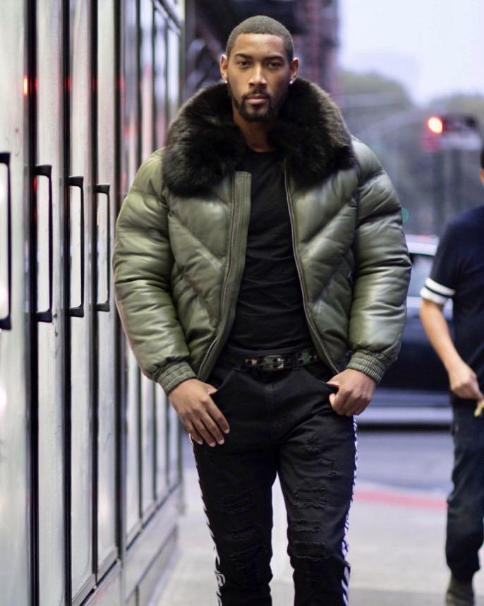 Men V Bomber Jacket Olive Green Black Fur