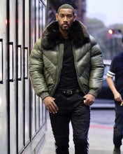 Load image into Gallery viewer, Men V Bomber Jacket - Olive Green ( Black Fur) - Bubble Jacket