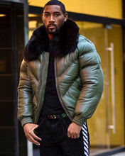 Load image into Gallery viewer, Men V Bomber Jacket - Olive Green ( Black Fur) - Bubble Jacket