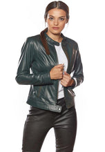 Load image into Gallery viewer, Women’s Green Leather Jacket Slim Fit