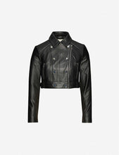 Load image into Gallery viewer, Women’s Black Leather Cropped Biker Jacket