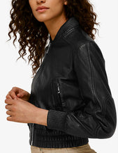 Load image into Gallery viewer, Women's Black Leather Bomber Jacket