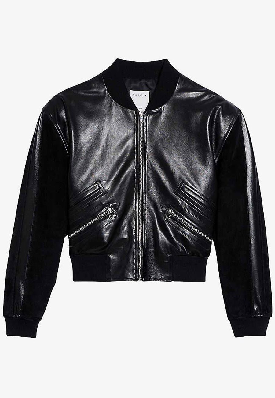 Ladies black leather bomber jacket deals