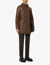 Load image into Gallery viewer, Men's Removable Hooded Brown Leather Shearling Trench Coat