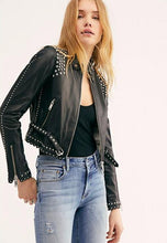 Load image into Gallery viewer, Women’s Black Leather Biker Punk Jacket