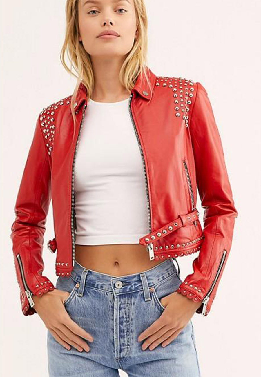 Red leather womens jacket clearance