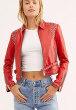 Load image into Gallery viewer, Women’s Red Leather Biker Punk Jacket