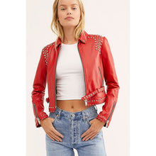 Load image into Gallery viewer, Women’s Red Leather Biker Punk Jacket