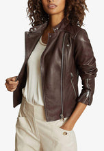 Load image into Gallery viewer, Women’s Chocolate Brown Leather Biker Jacket
