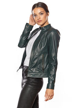 Load image into Gallery viewer, Women’s Green Leather Jacket Slim Fit