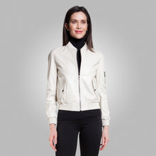 Load image into Gallery viewer, Women’s White Leather Bomber Jacket