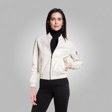 Load image into Gallery viewer, Women’s White Leather Bomber Jacket