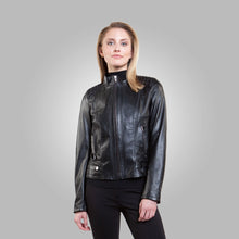 Load image into Gallery viewer, Women’s Black Leather Ban Collar Jacket
