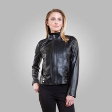 Load image into Gallery viewer, Women’s Black Leather Ban Collar Jacket