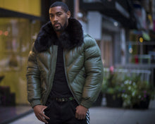 Load image into Gallery viewer, Men V Bomber Jacket - Olive Green ( Black Fur) - Bubble Jacket