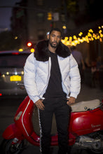 Load image into Gallery viewer, Men V Bomber Jacket - White (Black Fur) - V-Bubble Jacket