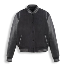 Load image into Gallery viewer, Black Varsity Leather Bomber Jacket
