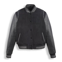Load image into Gallery viewer, Black Varsity Leather Bomber Jacket