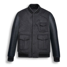 Load image into Gallery viewer, Black Wool Varsity Bomber Jacket For Men