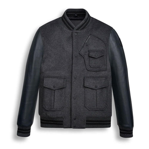 Black Wool Varsity Bomber Jacket For Men