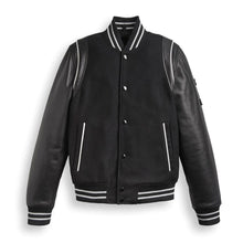 Load image into Gallery viewer, Black Varsity Bomber Jacket with Stripes