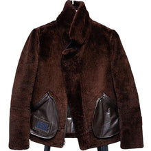 Load image into Gallery viewer, Men Brown Military Style Sheepskin Aviator Leather Coat