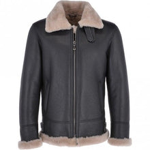 Load image into Gallery viewer, Brown Shearling Black Leather Bomber Jacket for Men