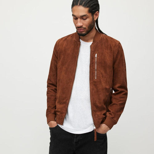 Classic Brown Suede Lambskin Leather Bomber Jacket for Men