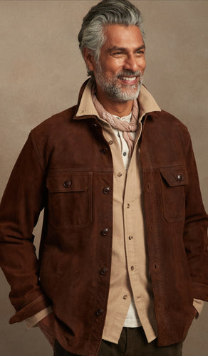Men's Brown Suede Leather Full Sleeves Shirt made from high-quality suede leather, featuring a button closure, two side pockets, and button cuffs for style and functionality.