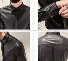 Load image into Gallery viewer, Men's Black Leather Full Sleeves Slim Fit Shirt